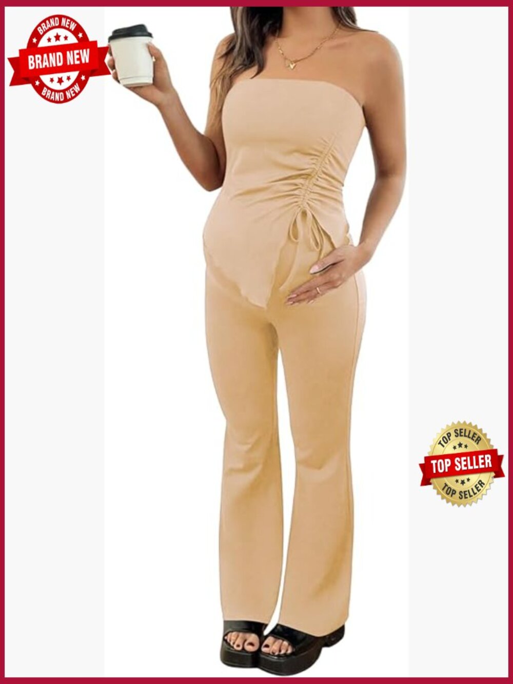 Maternity 2 Piece Set Ruched Tube Top & Flare Pants Summer Outfit